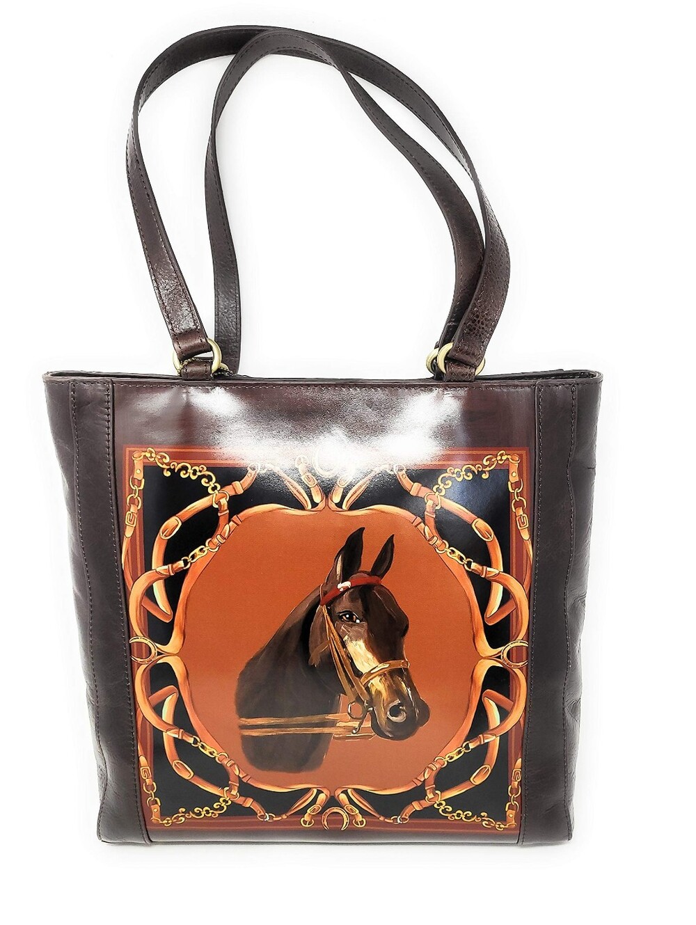 Patricia Nash Lundy Brown and Black Horse-Print Equestrian Leather Shoulder Bag
